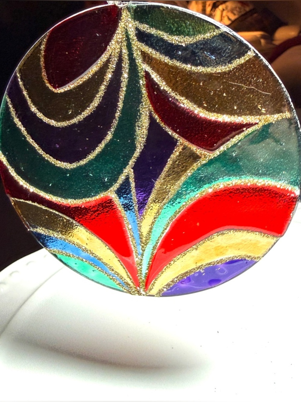Round Ornament Art Glass Sun Catcher Rainbow With Glitter 4-Inch Groovy 70s Art